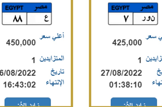 (ع ق ل) و(ن و ر) و(ع م ر) و(ع 88) لوحات مميزة للبيع محلياً في مصر  
