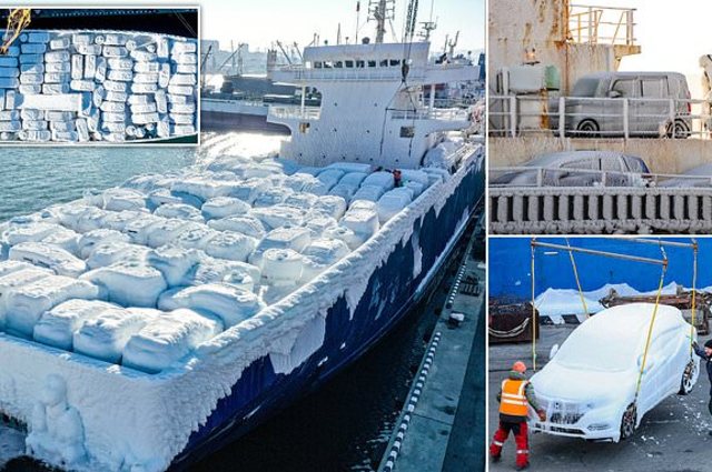 فيديو : شحنة سيارات تتعرض للتجمد على متن سفينة