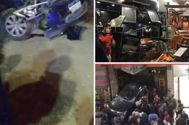 سايس يصدم 3 سيارات منهم سيارة شرطة ويقتحم معرض أثاث